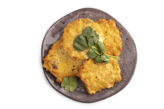 Fried crispy Chicken pancakes isolated on white background. top view, flat lay, close up