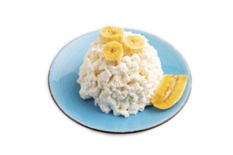 White ?ottage cheese, Curd, with Banana isolated on white background, side view, close up