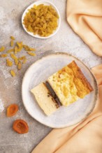 ?ottage cheese ?asserole, Curd cake, with dried apricots and raisins on brown concrete background