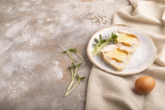 Chicken, egg and dried apricot meatloaf, microgreen on brown concrete background and linen textile.