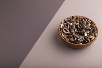 Wooden bowl with Kidney beans on beige and gray pastel paper background, side view, copy space,