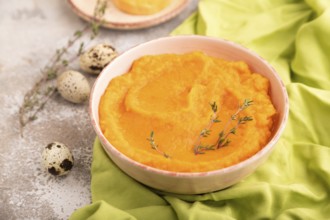 Sweet potato porridge in ceramic bowl on brown concrete background and green textile. Diet, healthy