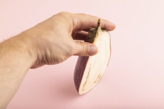 Hand holding sliced Purple eggplant with white stripes on pink pastel background. Side view, copy