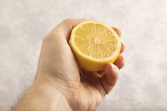 Yellow Lemon Cut in half with hand on gray concrete background. Side view, close up. healthy food,
