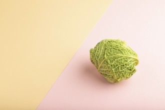 Green lettuce on pink and orange pastel paper background. Side view, copy space. healthy food,