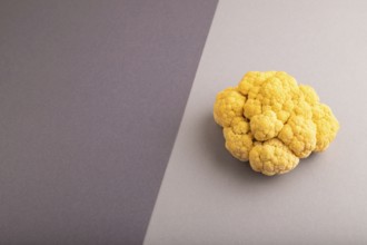 Yellow Cauliflower on black and gray pastel paper background. Side view, copy space. healthy food,