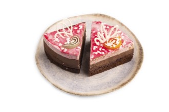 Chocolate cake isolated on white background, side view, close up