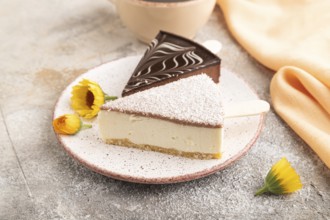 Chocolate and Vanilla Cake pops Marshmallow with cup of coffee on brown concrete background and