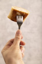 Fried crispy pancakes with meat and cheese with hand. side view, close up, selective focus