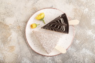 Chocolate and Vanilla Cake pops Marshmallow on brown concrete background. top view, flat lay, copy