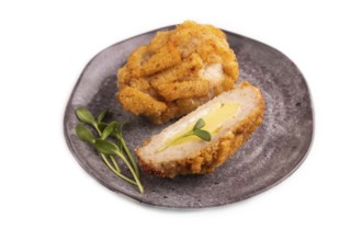 Chicken Schnitzel on gray plate with microgreen Isolated on white background. side view, copy space