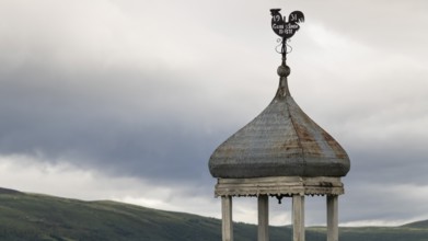 Roof of a chapel, metal weather vane, tower rooster, Gudbrandsdalen or Gudbrandsdalen valley,