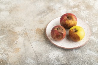 Decaying, Rotting apples on ceramic plate on brown concrete background. Side view, copy space,