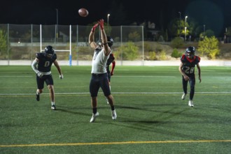 American football players are competing on a green field at night, a receiver is jumping mid air