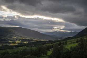 Tal mit grünen Feldern, Wäldern und Bergen, Dovre, Gudbrandsdalen oder Gudbrandstal, Norwegen