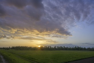 Sonnenuntergangsstimmung beim Damm, Infozentrum Isarmündung, Moos, Bayern, Deutschland
