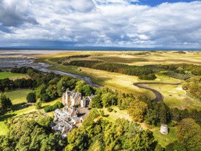 Luffness Castle from a drone, Aberlady, East Lothian, Scotland, UK
