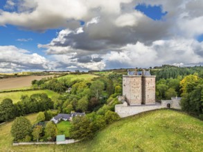 Borthwick Castle from a drone, Midlothian, Scotland, UK