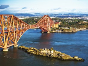Inch Garvie Castle from a drone, Forth Bridge, Queensferry Crossing, Forth Estuary, Scotland,