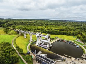 Filkirk Wheel from a drone, Forth and Clyde Canal, Falkirk, Scotland, UK
