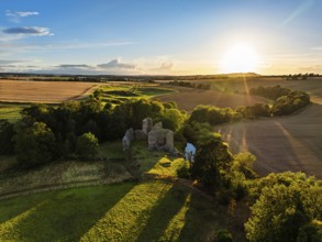 Ruins of Hailes Castle over River Tyne from a drone, East Linton, East Lothian, Scotland, UK