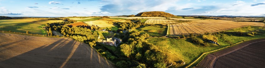 Panorama of Ruins of Hailes Castle over River Tyne from a drone, East Linton, East Lothian,