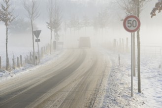 Wintertag, Straße mit Schneematsch bedeckt, Auto im Nebel, Nordrhein-Westfalen, Deutschland