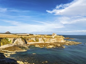 Ruins of Tantallon Castle from a drone, North Berwick, East Lothian, Scotland, UK
