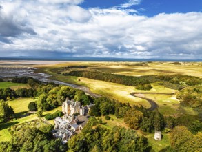 Luffness Castle from a drone, Aberlady, East Lothian, Scotland, UK