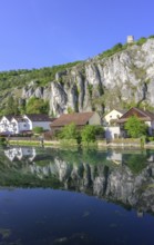 Blick von der alten Holzbrücke auf den Ort, Essing, Bayern, Deutschland
