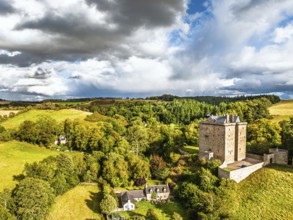 Borthwick Castle from a drone, Midlothian, Scotland, UK