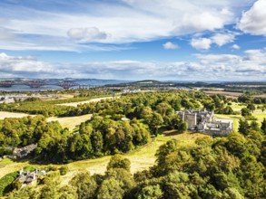 Dundas Castle over South Queensferry from a drone, Edinburgh, Scotland, UK