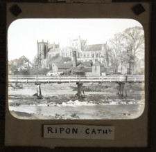 Magic lantern slide of Ripon cathedral church from River Ure, Ripon, North Yorkshire, England, UK c