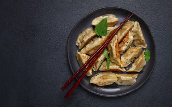 Japanese fried gyoza dumplings, with pork, sesame seeds, green onions