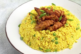 Crispy chicken fillet in soy sauce, with fried rice, homemade, no people