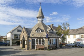 Historic octagonal market house building from 1862, village centre market place, Chagford, Devon,