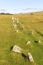 Rows of standing stones at Merrivale prehistoric ceremonial complex Dartmoor national park, Devon,