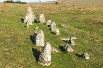 Rows of standing stones at Merrivale prehistoric ceremonial complex Dartmoor national park, Devon,