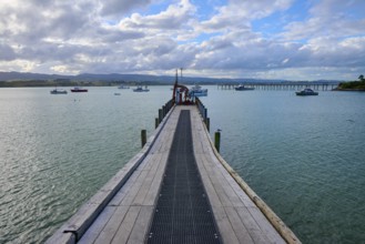 Ein Holzsteg führt ins Meer mit Booten und einer Brücke im Hintergrund, Moeraki, Hampden, North