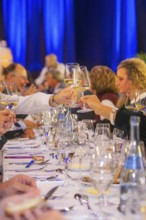 People toast with wine glasses at an elegant event