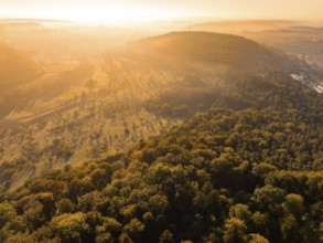 Wide view over misty forests and hills at sunrise, Hermann Hesse railway, Ostelsheim, Black Forest,