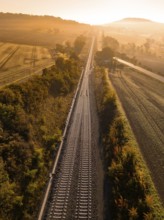 Train tracks run through fields and trees in the light of the sunrise, Hermann Hesse railway,