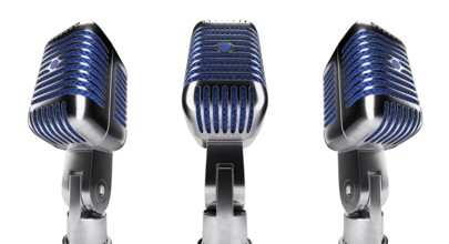 Classic vintage microphone set with blue inside mesh isolated on a white background