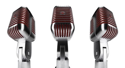Classic vintage microphone set with red inside mesh isolated on a white background