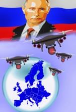 Symbolic image, Putin and Ukraine war, Russian drones over EU, sabotage by Russia, undersea cables,