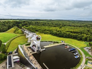Filkirk Wheel from a drone, Forth and Clyde Canal, Falkirk, Scotland, UK