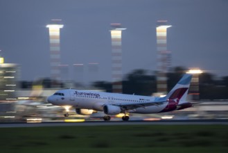 Eurowings Airbus lands at Düsseldorf Airport, North Rhine-Westphalia, Germany