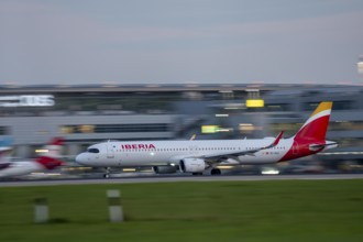 Iberia Airbus A321, after landing, at Düsseldorf Airport, North Rhine-Westphalia, Germany