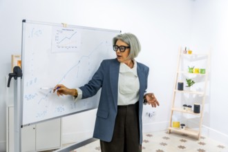 Senior businesswoman actively explaining financial data and market trends on a whiteboard during a