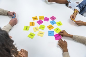 Diverse business people collaborating in a meeting, brainstorming new concepts for strategy,